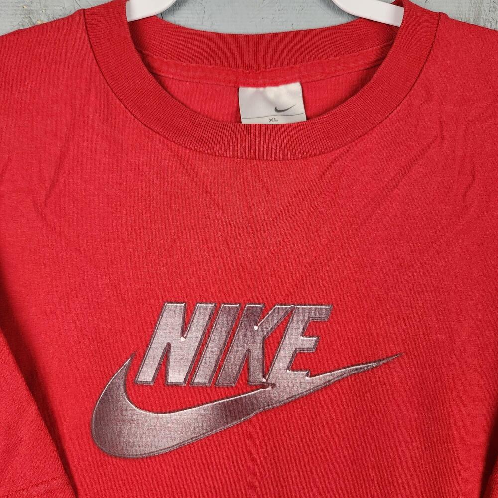 Vintage Nike Shirt Mens XL Red Big Logo Center Swoosh Graphic Gray Tag Retro Y2k